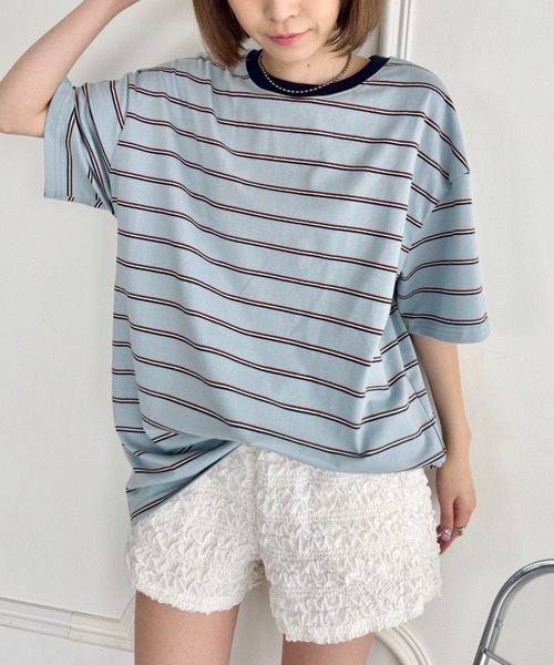 SOLLON.(ソルロン)の「細マルチボーダーリンガー半袖Tシャツ(Tシャツ/カットソー・レディース・ホワイト/ブラック/ライトブルー・FREE)」の1枚目の写真