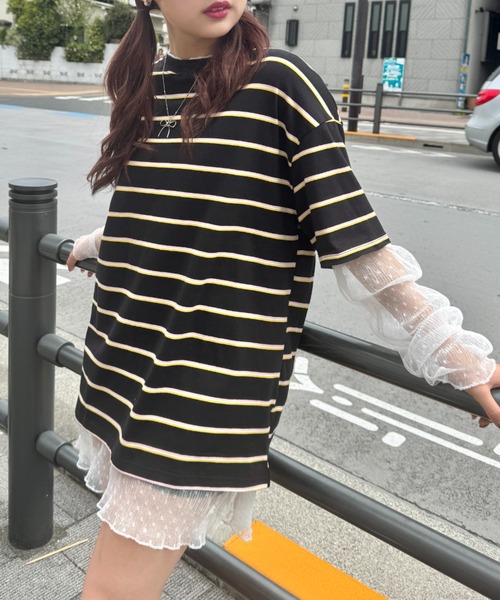 SOLLON.(ソルロン)の「細マルチボーダーリンガー半袖Tシャツ(Tシャツ/カットソー・レディース・ホワイト/ブラック/ライトブルー・FREE)」の3枚目の写真