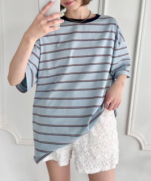 SOLLON.(ソルロン)の「細マルチボーダーリンガー半袖Tシャツ(Tシャツ/カットソー・レディース・ホワイト/ブラック/ライトブルー・FREE)」の22枚目の写真