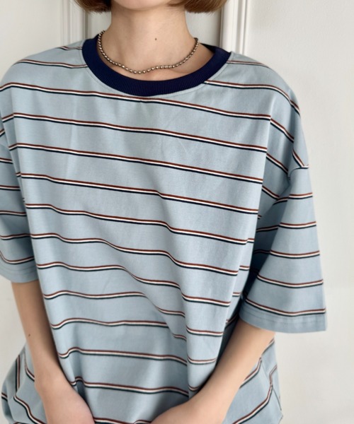 SOLLON.(ソルロン)の「細マルチボーダーリンガー半袖Tシャツ(Tシャツ/カットソー・レディース・ホワイト/ブラック/ライトブルー・FREE)」の19枚目の写真