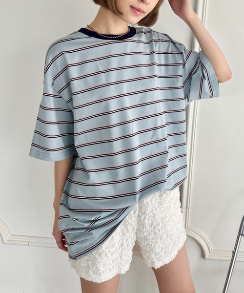 SOLLON.(ソルロン)の「細マルチボーダーリンガー半袖Tシャツ(Tシャツ/カットソー・レディース・ホワイト/ブラック/ライトブルー・FREE)」の21枚目の写真