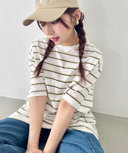 SOLLON.(ソルロン)の「細マルチボーダーリンガー半袖Tシャツ(Tシャツ/カットソー・レディース・ホワイト/ブラック/ライトブルー・FREE)」の6枚目の写真