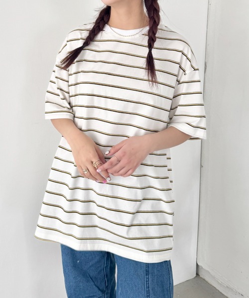 SOLLON.(ソルロン)の「細マルチボーダーリンガー半袖Tシャツ(Tシャツ/カットソー・レディース・ホワイト/ブラック/ライトブルー・FREE)」の5枚目の写真
