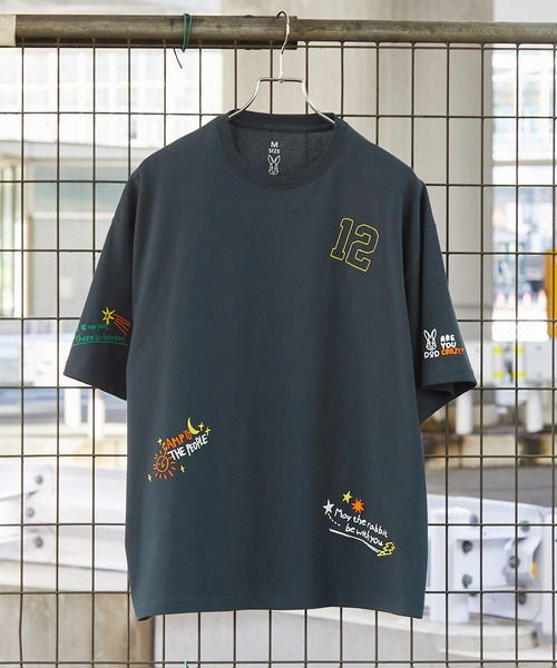 新品 ロゴTシャツ ランダムプリント 刺繍 コットン ブラック フリー バック刺繍プリント半袖Tシャツ(M ブルー): トップス｜Right-on