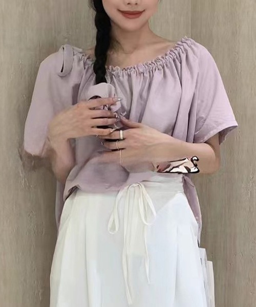 Lace Ladies(レースレディース)の「2WAY 肩リボン ギャザー オフショルダー 半袖 ブラウス シュシュ(シャツ/ブラウス・レディース・パープル/ブラック/アイボリー/ブルー・M/XL)」の4枚目の写真
