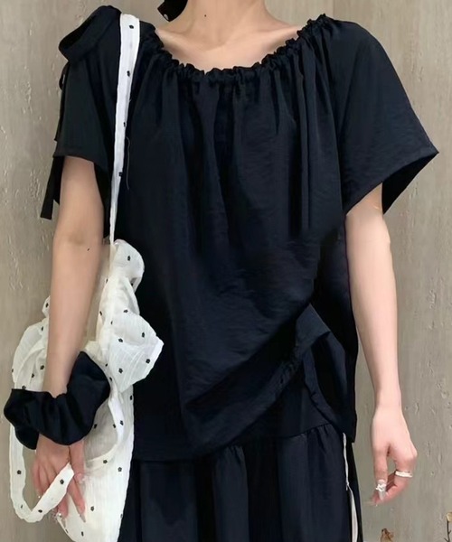 Lace Ladies(レースレディース)の「2WAY 肩リボン ギャザー オフショルダー 半袖 ブラウス シュシュ(シャツ/ブラウス・レディース・パープル/ブラック/アイボリー/ブルー・M/XL)」の8枚目の写真