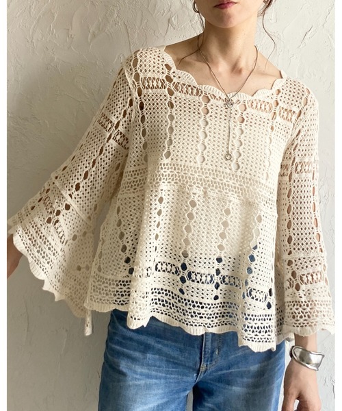 セール】綿100%半端袖かぎ針クロシェ編みメッシュトップス