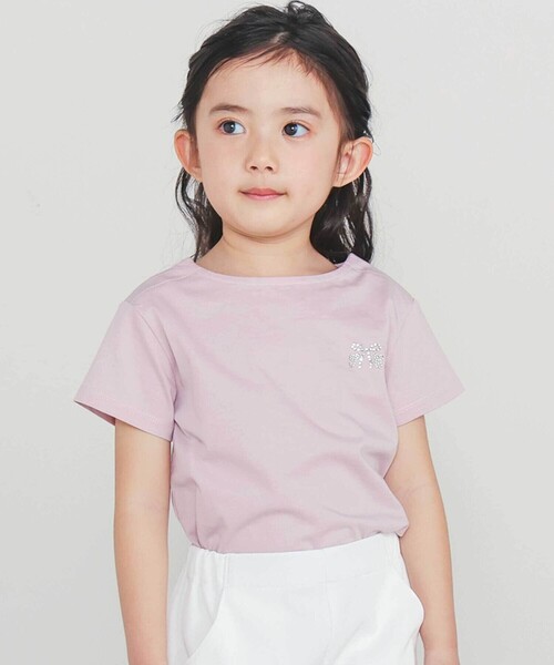 Tartine et Chocolat(タルティーヌエショコラ)の「【日本製】【お揃い】リボンラインストーンの半袖Tシャツ(90~140cm)(Tシャツ/カットソー・キッズ・ピンク/ホワイト系その他・110cm/130cm/100cm/120cm/140cm/90cm)」の2枚目の写真