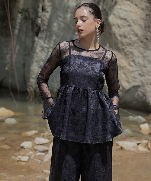 Callarus（カラルス）の「【オケージョン対応】箔プリントジャカードデザインビスチェパンツセットアップドレス（ビスチェ＋パンツ）〔Callarus〕（パンツドレス・レディース・ブラック系/パープル系・3L/LL/L/M/S）」の13枚目の写真