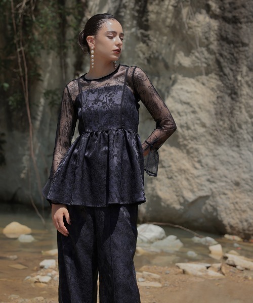 Callarus（カラルス）の「【オケージョン対応】箔プリントジャカードデザインビスチェパンツセットアップドレス（ビスチェ＋パンツ）〔Callarus〕（パンツドレス・レディース・ブラック系/パープル系・3L/LL/L/M/S）」の15枚目の写真