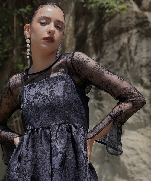 Callarus（カラルス）の「【オケージョン対応】箔プリントジャカードデザインビスチェパンツセットアップドレス（ビスチェ＋パンツ）〔Callarus〕（パンツドレス・レディース・ブラック系/パープル系・3L/LL/L/M/S）」の16枚目の写真