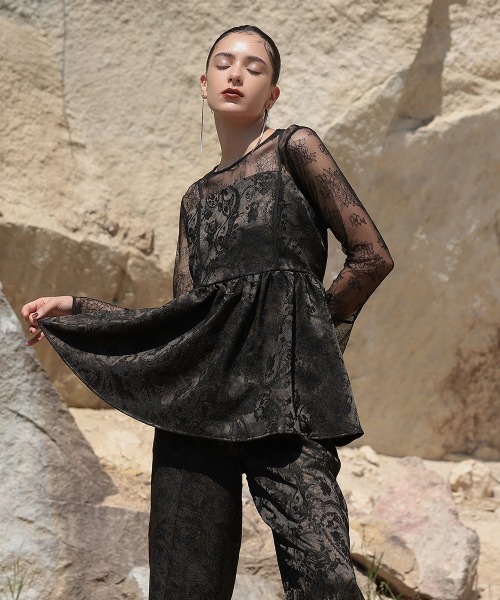 Callarus（カラルス）の「【オケージョン対応】箔プリントジャカードデザインビスチェパンツセットアップドレス（ビスチェ＋パンツ）〔Callarus〕（パンツドレス・レディース・ブラック系/パープル系・3L/LL/L/M/S）」の20枚目の写真