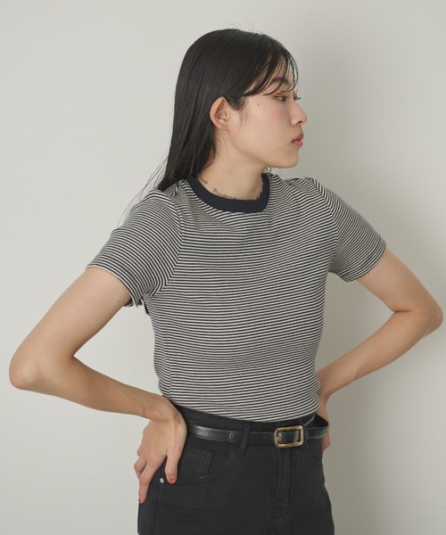 パフスリーブ ショート丈 フリンジ ボーダー カットソー セール】ショートスリーブアソートボーダーT（Tシャツ
