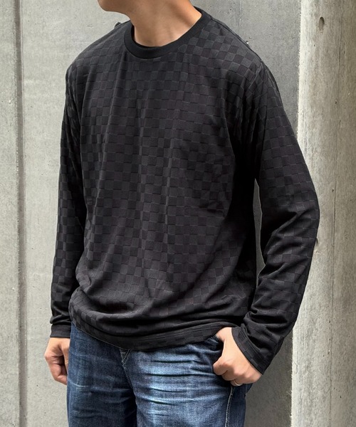 IKKA LOUNGE（イッカラウンジ）の「リンクスジャカード市松ロンT（Tシャツ/カットソー・メンズ・ホワイト/グリーン/ブラック/グレー・M/L/XL/S）」の3枚目の写真