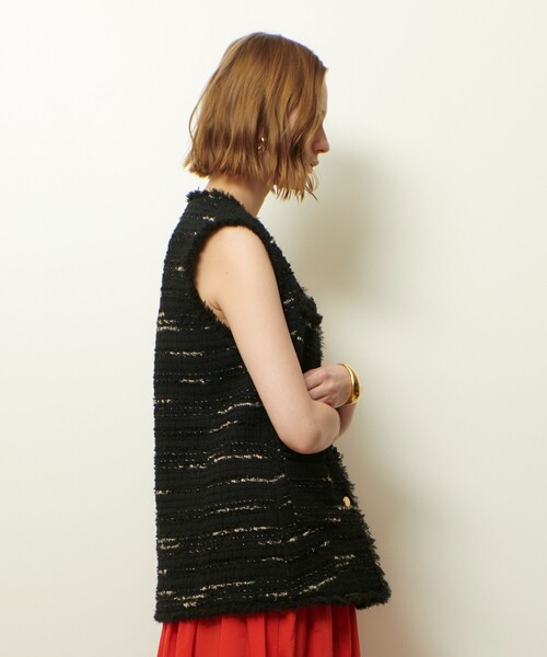 allureville（アルアバイル）の「ジオリカツィードフリンジジレ（ベスト・レディース・ブラック/アイボリー・2）」の6枚目の写真