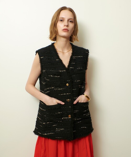 allureville（アルアバイル）の「ジオリカツィードフリンジジレ（ベスト・レディース・ブラック/アイボリー・2）」の7枚目の写真