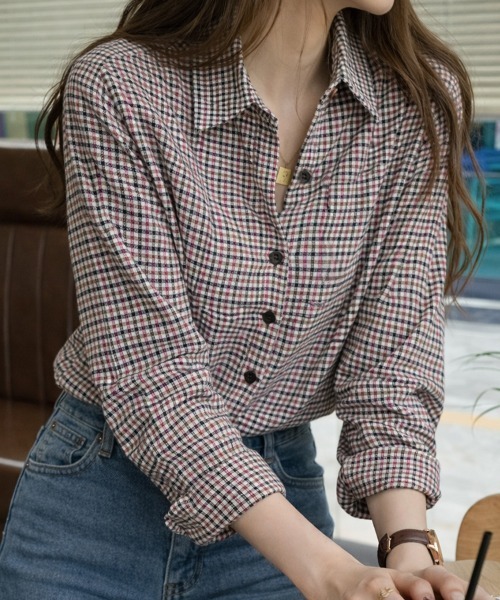 cammie(キャミー)の「9分袖ガングラブチェックシャツ(シャツ/ブラウス・レディース・ブラウン/ホワイト×ブラック/ホワイト×レッド/ピンク/レッド・MEDIUM/LARGE/S/XS/SMALL/X-LARGE)」の2枚目の写真