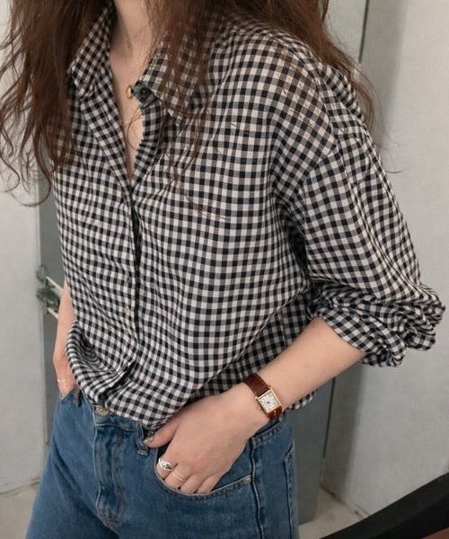 cammie(キャミー)の「9分袖ガングラブチェックシャツ(シャツ/ブラウス・レディース・ブラウン/ホワイト×ブラック/ホワイト×レッド/ピンク/レッド・MEDIUM/LARGE/S/XS/SMALL/X-LARGE)」の3枚目の写真