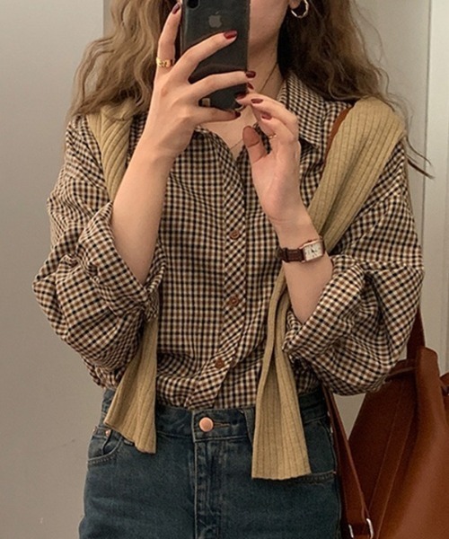 cammie(キャミー)の「9分袖ガングラブチェックシャツ(シャツ/ブラウス・レディース・ブラウン/ホワイト×ブラック/ホワイト×レッド/ピンク/レッド・MEDIUM/LARGE/S/XS/SMALL/X-LARGE)」の1枚目の写真