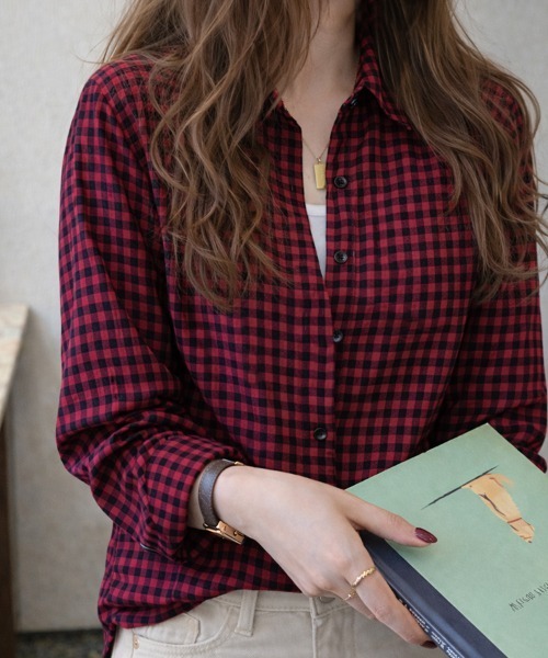 cammie(キャミー)の「9分袖ガングラブチェックシャツ(シャツ/ブラウス・レディース・ブラウン/ホワイト×ブラック/ホワイト×レッド/ピンク/レッド・MEDIUM/LARGE/S/XS/SMALL/X-LARGE)」の5枚目の写真