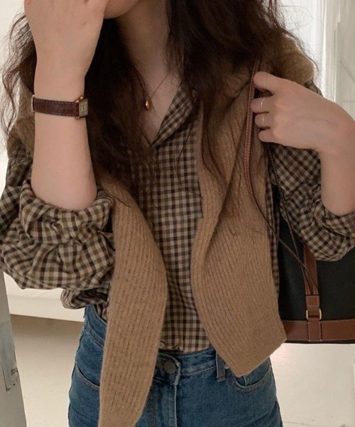 cammie(キャミー)の「9分袖ガングラブチェックシャツ(シャツ/ブラウス・レディース・ブラウン/ホワイト×ブラック/ホワイト×レッド/ピンク/レッド・MEDIUM/LARGE/S/XS/SMALL/X-LARGE)」の9枚目の写真