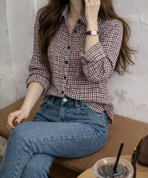 cammie(キャミー)の「9分袖ガングラブチェックシャツ(シャツ/ブラウス・レディース・ブラウン/ホワイト×ブラック/ホワイト×レッド/ピンク/レッド・MEDIUM/LARGE/S/XS/SMALL/X-LARGE)」の14枚目の写真