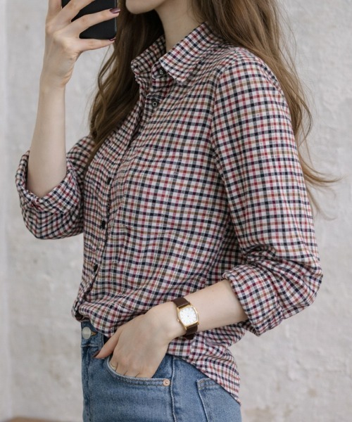 cammie(キャミー)の「9分袖ガングラブチェックシャツ(シャツ/ブラウス・レディース・ブラウン/ホワイト×ブラック/ホワイト×レッド/ピンク/レッド・MEDIUM/LARGE/S/XS/SMALL/X-LARGE)」の15枚目の写真