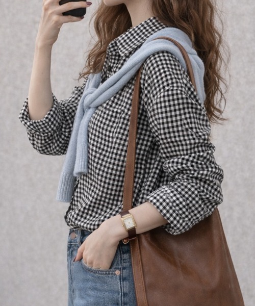 cammie(キャミー)の「9分袖ガングラブチェックシャツ(シャツ/ブラウス・レディース・ブラウン/ホワイト×ブラック/ホワイト×レッド/ピンク/レッド・MEDIUM/LARGE/S/XS/SMALL/X-LARGE)」の16枚目の写真