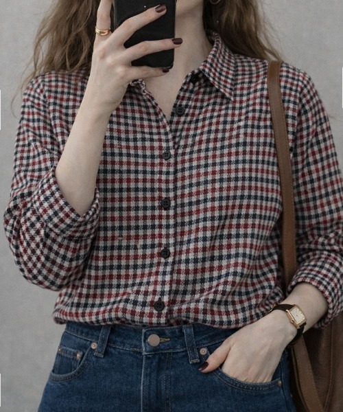 cammie(キャミー)の「9分袖ガングラブチェックシャツ(シャツ/ブラウス・レディース・ブラウン/ホワイト×ブラック/ホワイト×レッド/ピンク/レッド・MEDIUM/LARGE/S/XS/SMALL/X-LARGE)」の13枚目の写真