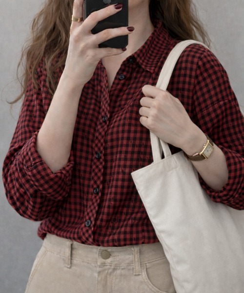 cammie(キャミー)の「9分袖ガングラブチェックシャツ(シャツ/ブラウス・レディース・ブラウン/ホワイト×ブラック/ホワイト×レッド/ピンク/レッド・MEDIUM/LARGE/S/XS/SMALL/X-LARGE)」の19枚目の写真