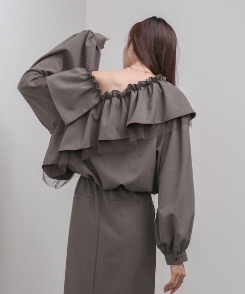 Bab（バブ）の「3WAYラッフルフリルブラウス セットアップ対応（シャツ/ブラウス・レディース・チャコールグレー/A/モカ・M）」の14枚目の写真