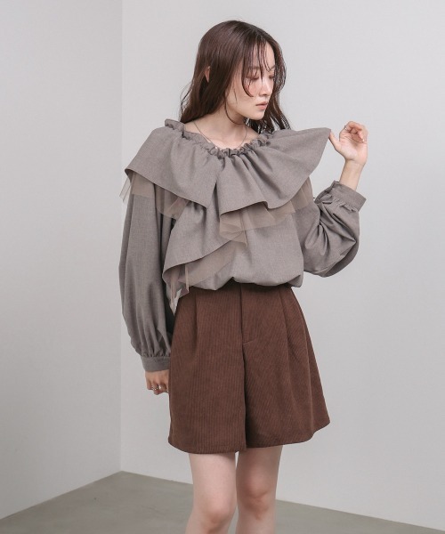 Bab（バブ）の「3WAYラッフルフリルブラウス セットアップ対応（シャツ/ブラウス・レディース・チャコールグレー/A/モカ・M）」の21枚目の写真