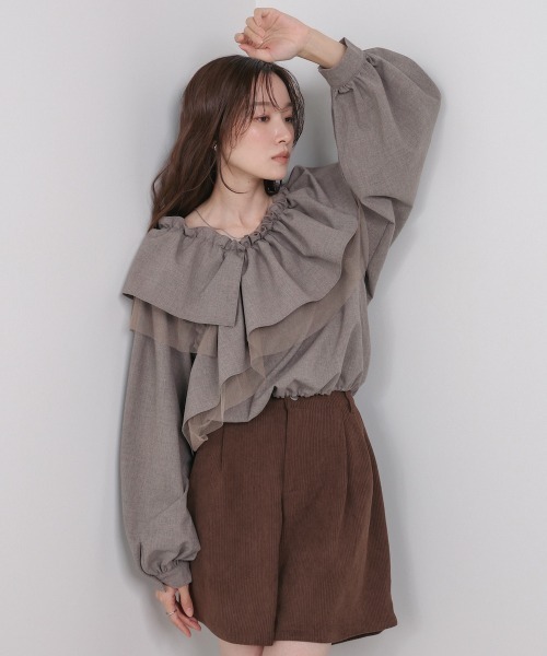 Bab（バブ）の「3WAYラッフルフリルブラウス セットアップ対応（シャツ/ブラウス・レディース・チャコールグレー/A/モカ・M）」の22枚目の写真