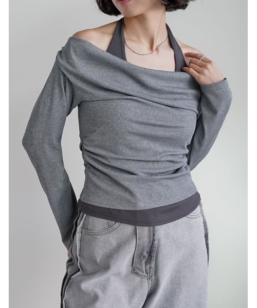 Re:EDIT（リエディ）の「バックシャンホルタードッキングオフショル長袖トップス（Tシャツ/カットソー・レディース・ブラック/グレー/ライトグレー・MEDIUM/LARGE）」の13枚目の写真