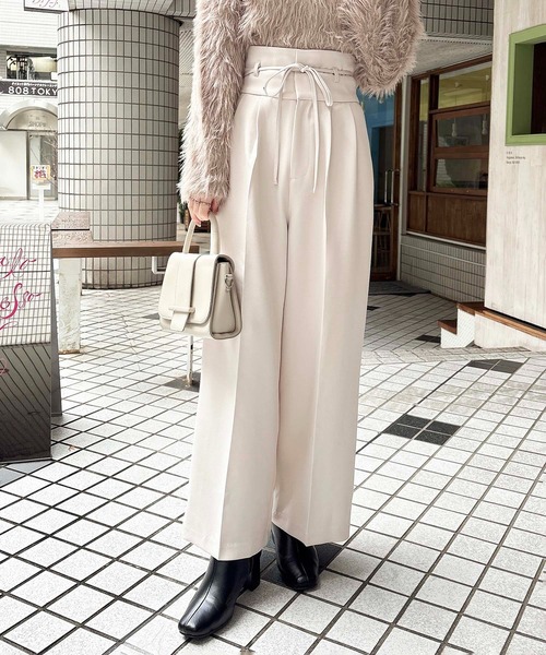 SENSELFリボン　異素材　ホワイトパンツ セットアップ対応】トリアセテートポリエステルダブルクロス ワイド