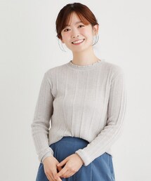 ローラアシュレイ・濃紺地袖口裾ストライプニットチュニック１３号 スリット入りコットンカシミヤ クルーネックニット（ニット⁄セーター