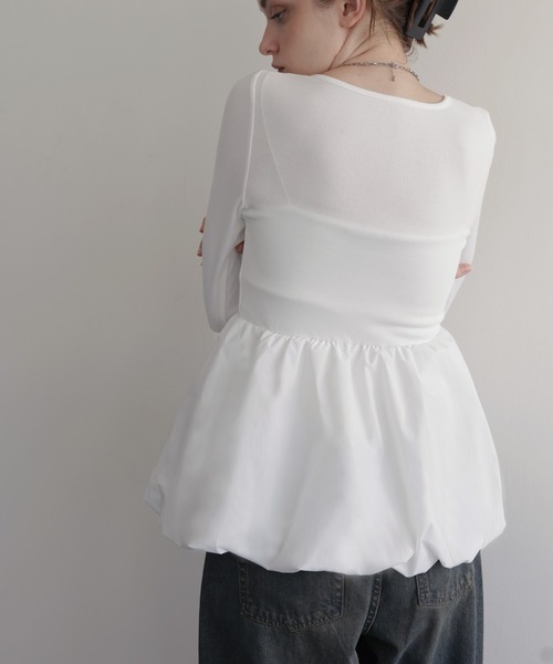 Mili affinity（ミリアフィニティー）の「異素材切り替えバイカラーバルーンフレアクルーネックリブTシャツ（Tシャツ/カットソー・レディース・ブラック/杢グレー/オフホワイト/ベージュ・FREE）」の11枚目の写真