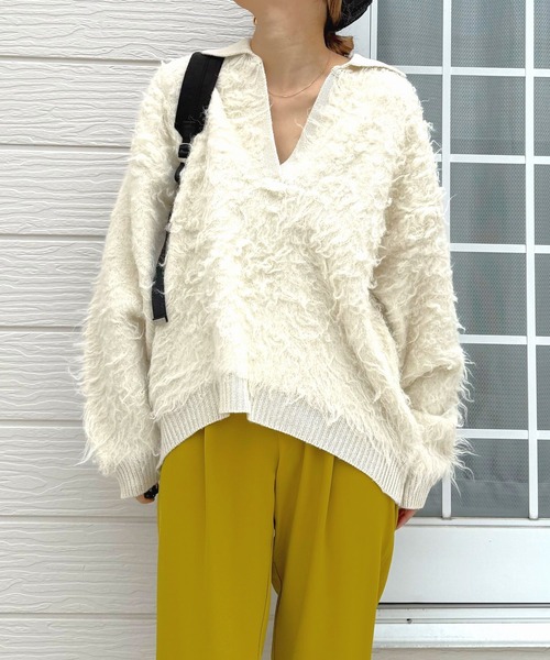 Q（キュー）の「シャギーVニット（ニット/セーター・レディース・アイボリー/ライトグレー・MEDIUM）」の2枚目の写真