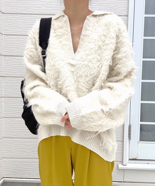 Q（キュー）の「シャギーVニット（ニット/セーター・レディース・アイボリー/ライトグレー・MEDIUM）」の9枚目の写真