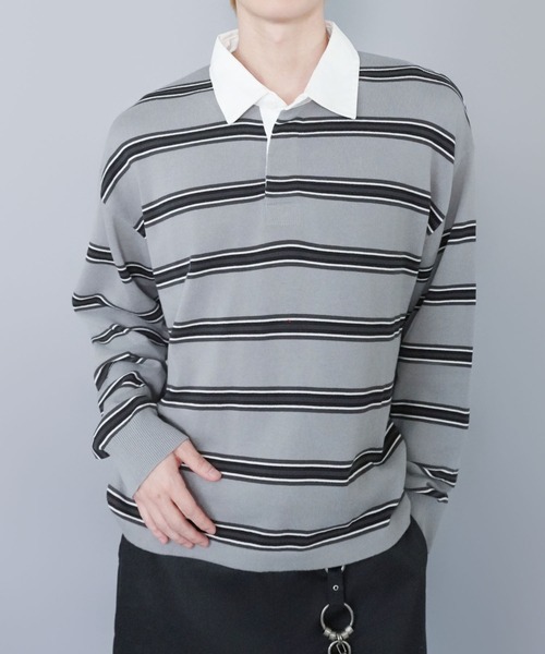 SPINNS（スピンズ）の「マルチボーターラガーニット/薄手/襟付き/チクチクしない/細ボーター（ニット/セーター・メンズ・ベージュ/グレー/サックスブルー・ONESIZE）」の2枚目の写真