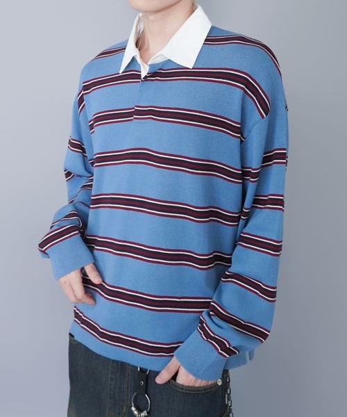 SPINNS（スピンズ）の「マルチボーターラガーニット/薄手/襟付き/チクチクしない/細ボーター（ニット/セーター・メンズ・ベージュ/グレー/サックスブルー・ONESIZE）」の3枚目の写真