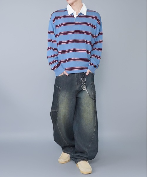 SPINNS（スピンズ）の「マルチボーターラガーニット/薄手/襟付き/チクチクしない/細ボーター（ニット/セーター・メンズ・ベージュ/グレー/サックスブルー・ONESIZE）」の7枚目の写真