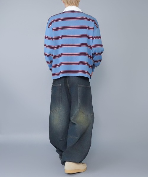 SPINNS（スピンズ）の「マルチボーターラガーニット/薄手/襟付き/チクチクしない/細ボーター（ニット/セーター・メンズ・ベージュ/グレー/サックスブルー・ONESIZE）」の9枚目の写真