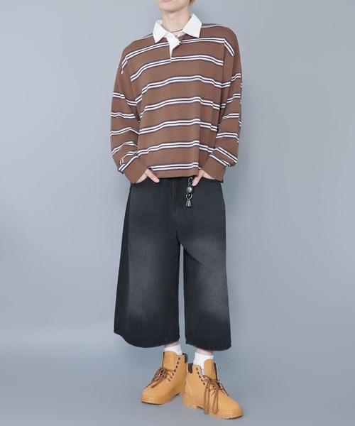 SPINNS（スピンズ）の「マルチボーターラガーニット/薄手/襟付き/チクチクしない/細ボーター（ニット/セーター・メンズ・ベージュ/グレー/サックスブルー・ONESIZE）」の4枚目の写真