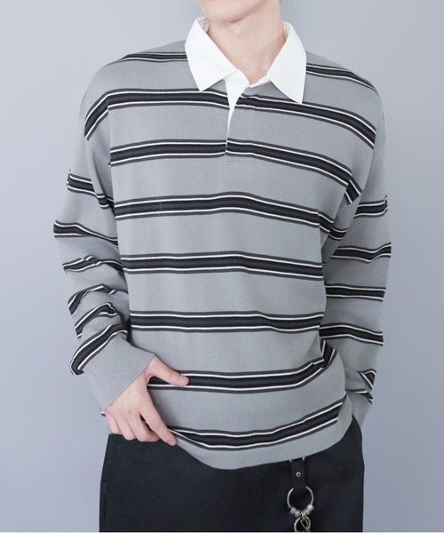 SPINNS（スピンズ）の「マルチボーターラガーニット/薄手/襟付き/チクチクしない/細ボーター（ニット/セーター・メンズ・ベージュ/グレー/サックスブルー・ONESIZE）」の19枚目の写真