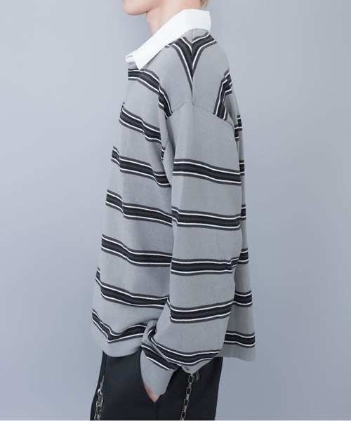 SPINNS（スピンズ）の「マルチボーターラガーニット/薄手/襟付き/チクチクしない/細ボーター（ニット/セーター・メンズ・ベージュ/グレー/サックスブルー・ONESIZE）」の20枚目の写真