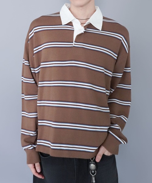 SPINNS（スピンズ）の「マルチボーターラガーニット/薄手/襟付き/チクチクしない/細ボーター（ニット/セーター・メンズ・ベージュ/グレー/サックスブルー・ONESIZE）」の13枚目の写真