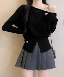 ワンショルダーニットトップス裾ボタン秋服