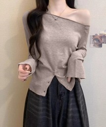 ワンショルダーニットトップス裾ボタン秋服
