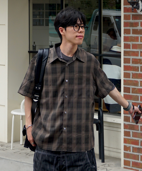 JUAN HOMME(ジュアンオム)の「ルーズドチェックハーフシャツ(ブラウン)(シャツ/ブラウス・レディース・その他・LARGE/MEDIUM)」の1枚目の写真